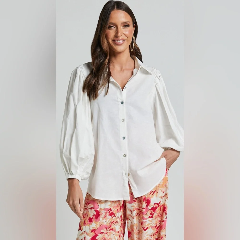 Showpo White Puff Sleeve Button Down Shirt - Picture 3 of 10